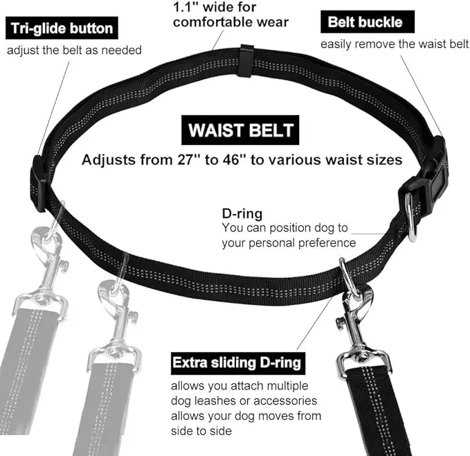 Hands-free Dog leash for running,walking, training,hiking,double handle reflective bungee,adjustable waist belt,shock absorption