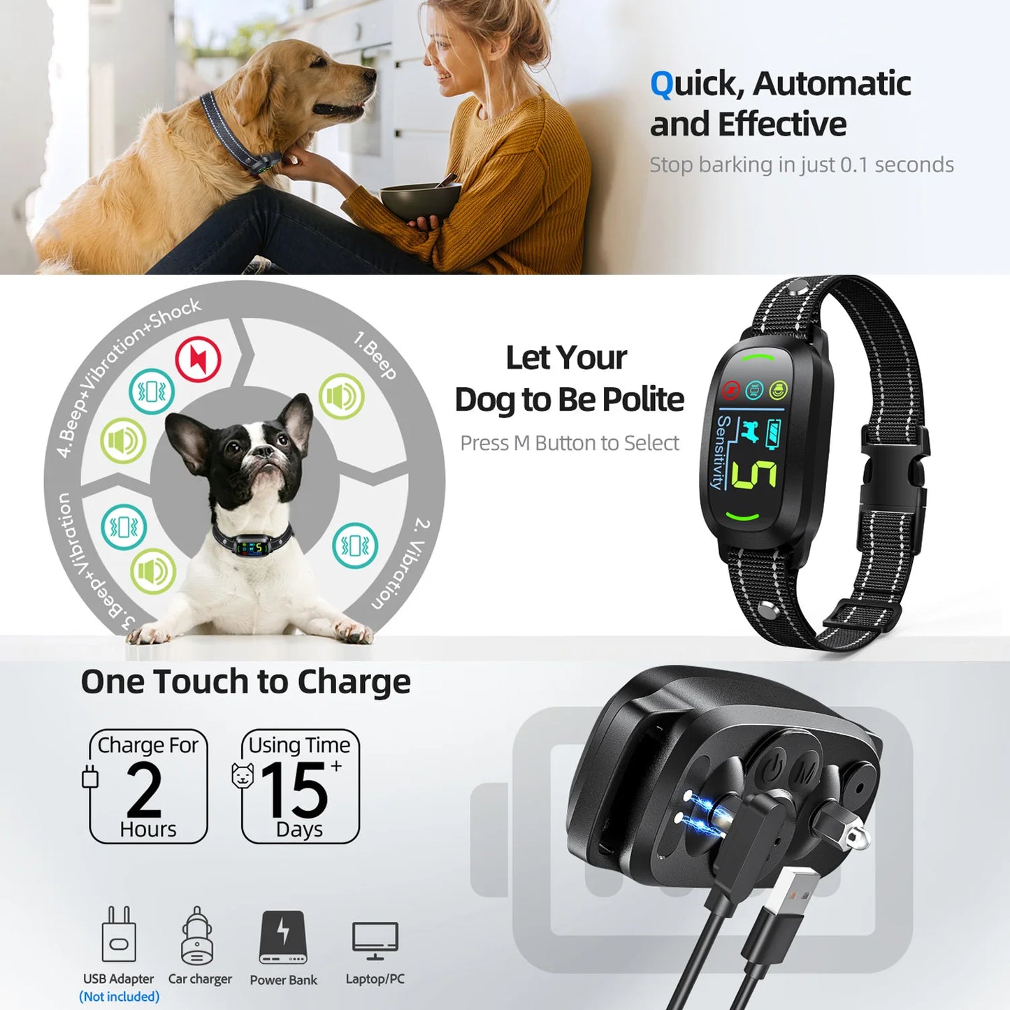 Dog Bark Collar,Rechargeable Smart Collar,Anti Barking Training Collar with 5 Adjustable Sensitivity Beep Vibration Shock